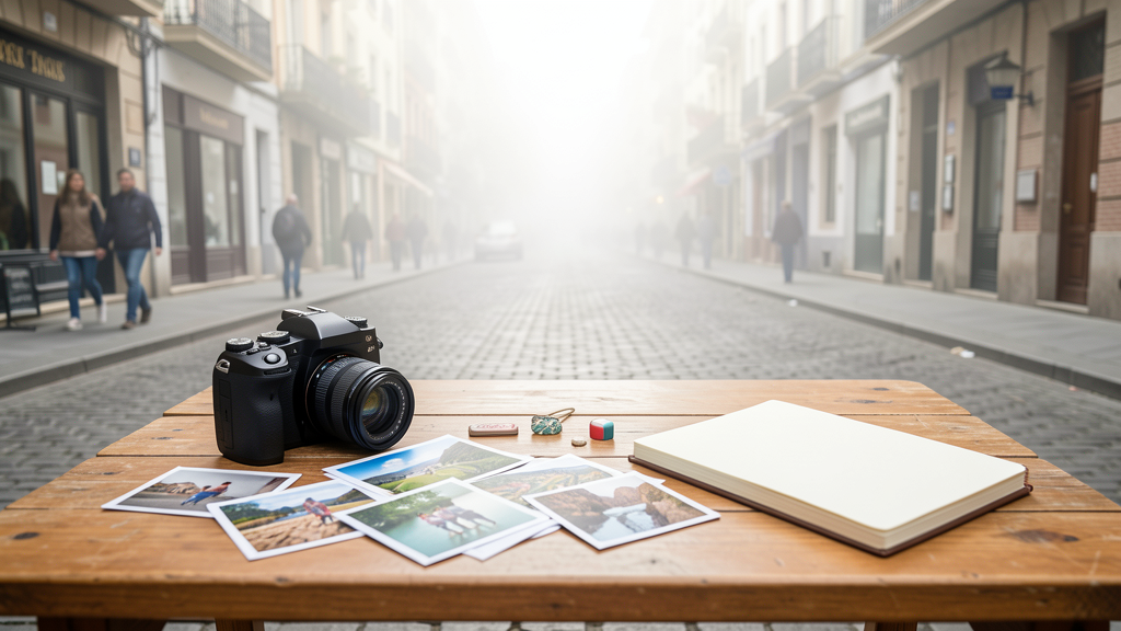 Imagen editorial realista sobre organizar fotos y recuerdos