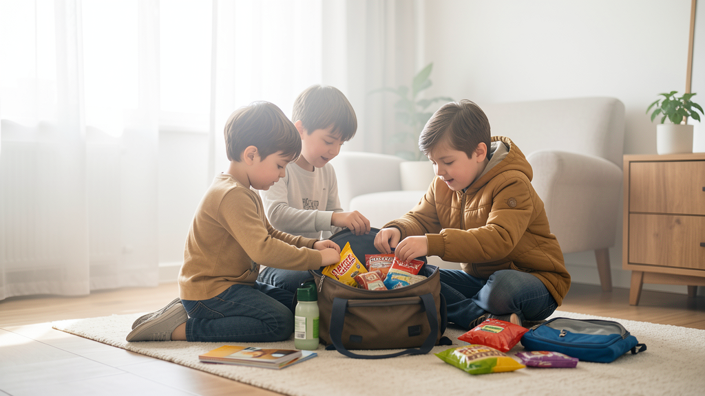 Niños descansando en una estación con mochila pequeña, botella de agua, cuento y fruta preparada para el trayecto
